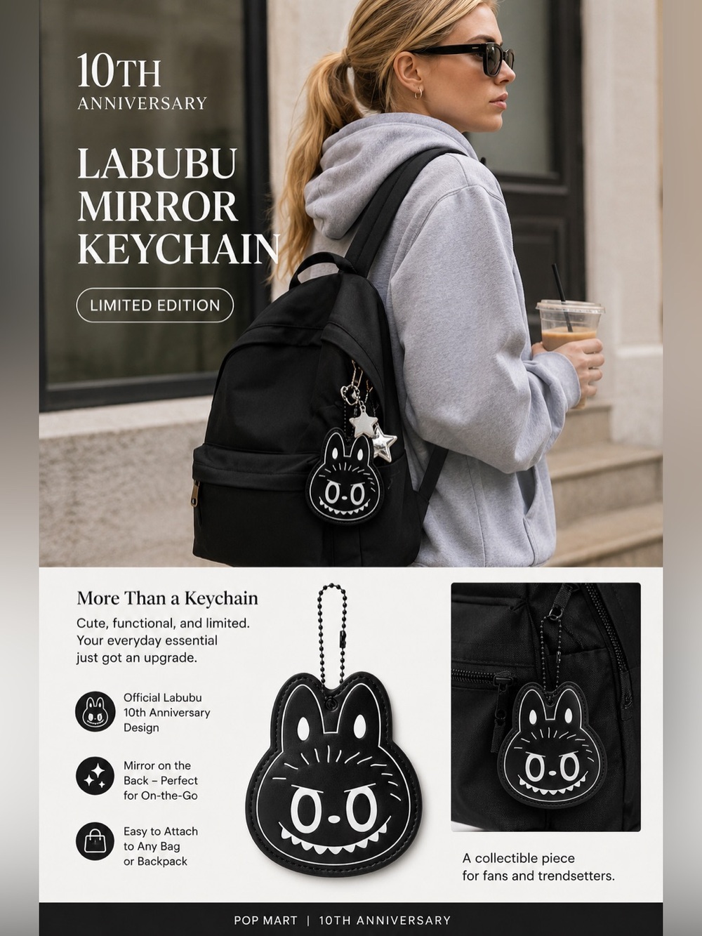 10th Anniversary- Black & White- Labubu Mirror Keychain {LIMITED} -NIB